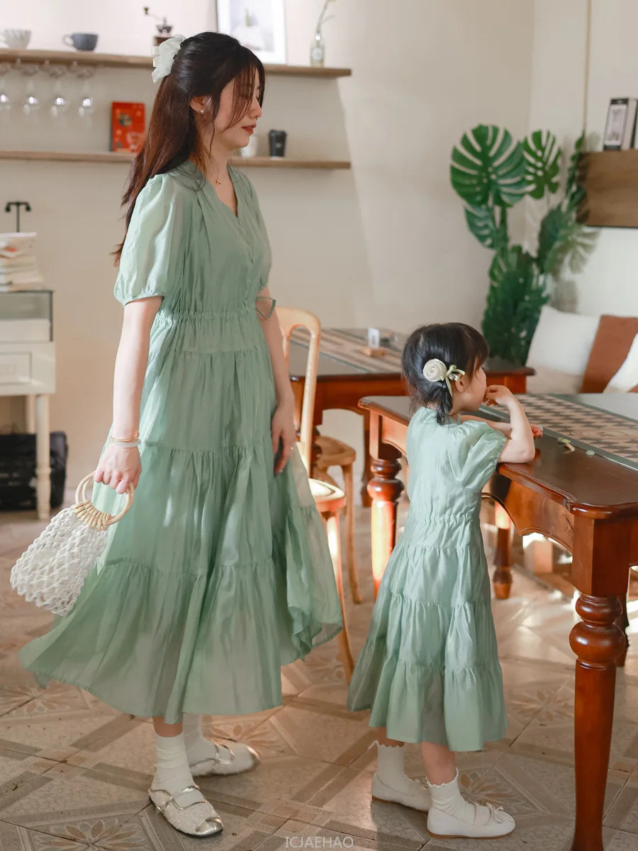 Worlds of Love Elegant Dress — A Graceful Memory in White & Green for Mom & Baby Girl