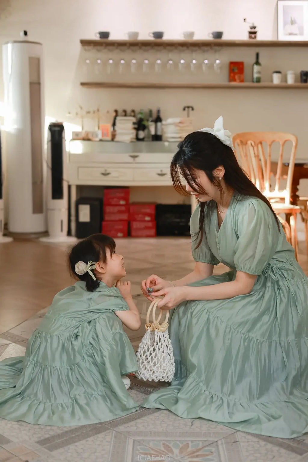Worlds of Love Elegant Dress — A Graceful Memory in White & Green for Mom & Baby Girl