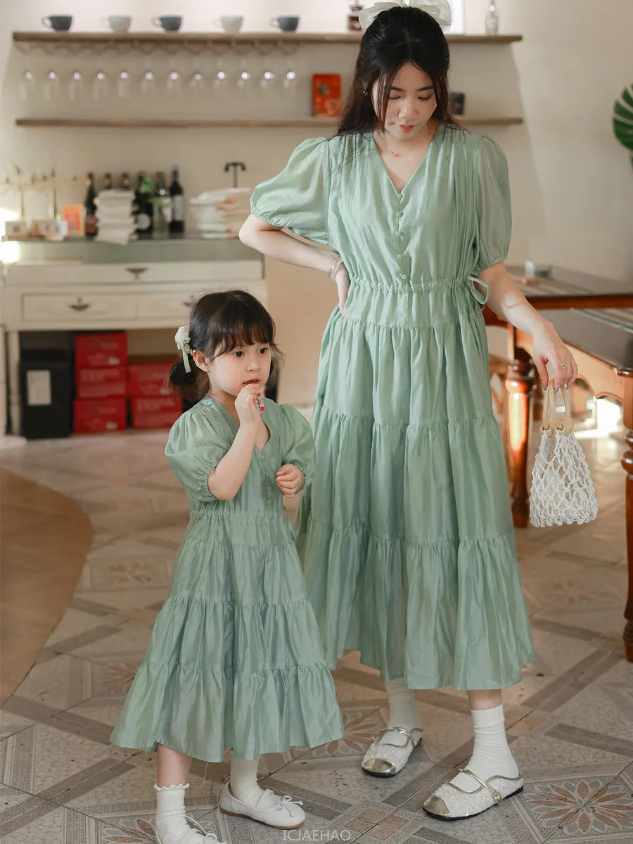 Worlds of Love Elegant Dress — A Graceful Memory in White & Green for Mom & Baby Girl