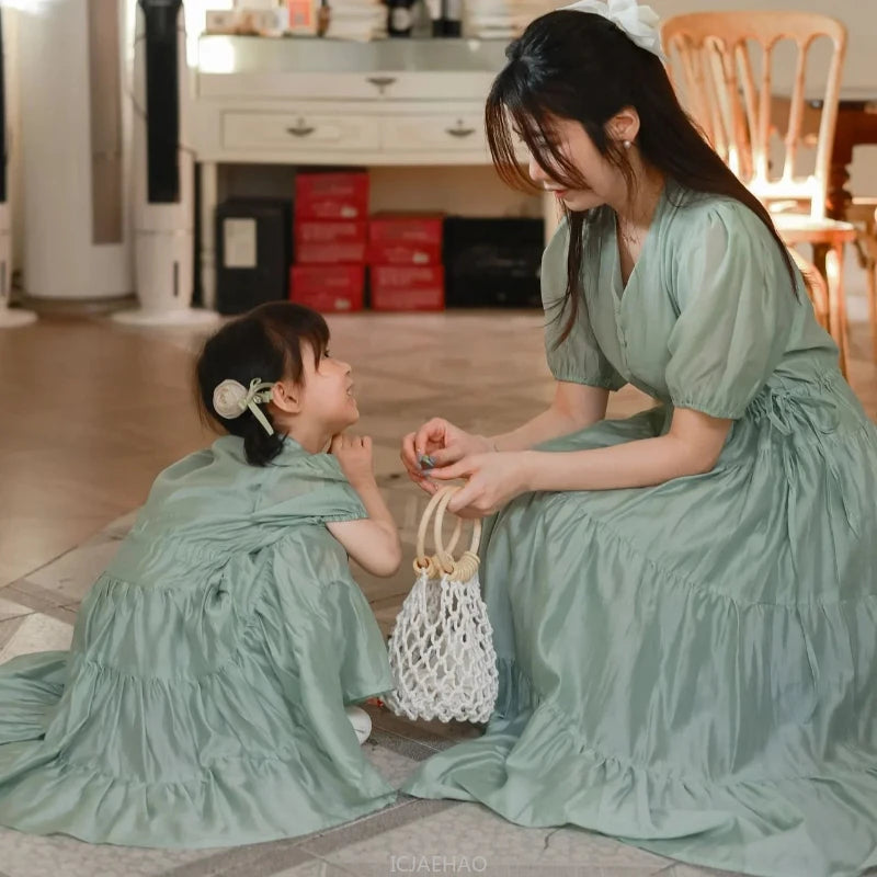 Worlds of Love Elegant Dress — A Graceful Memory in White & Green for Mom & Baby Girl