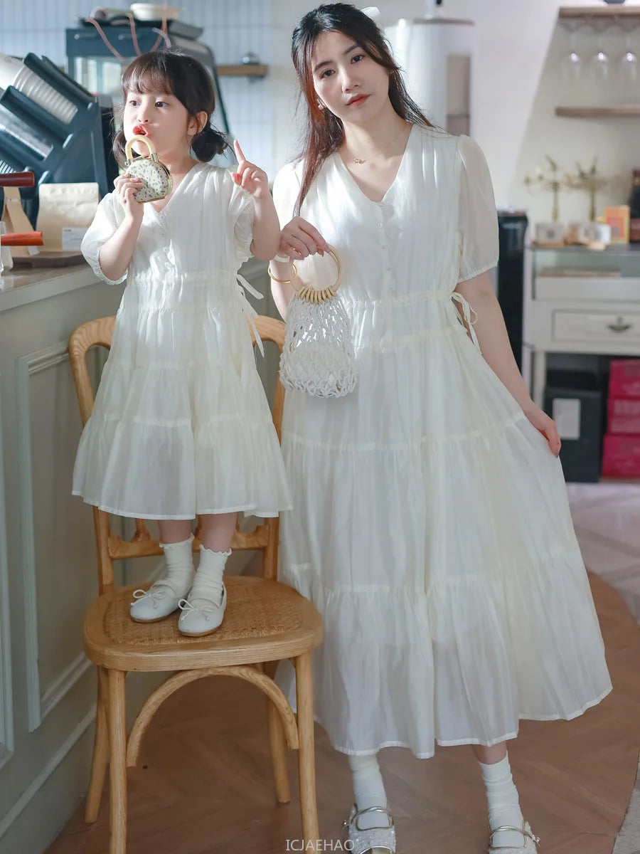 Worlds of Love Elegant Dress — A Graceful Memory in White & Green for Mom & Baby Girl