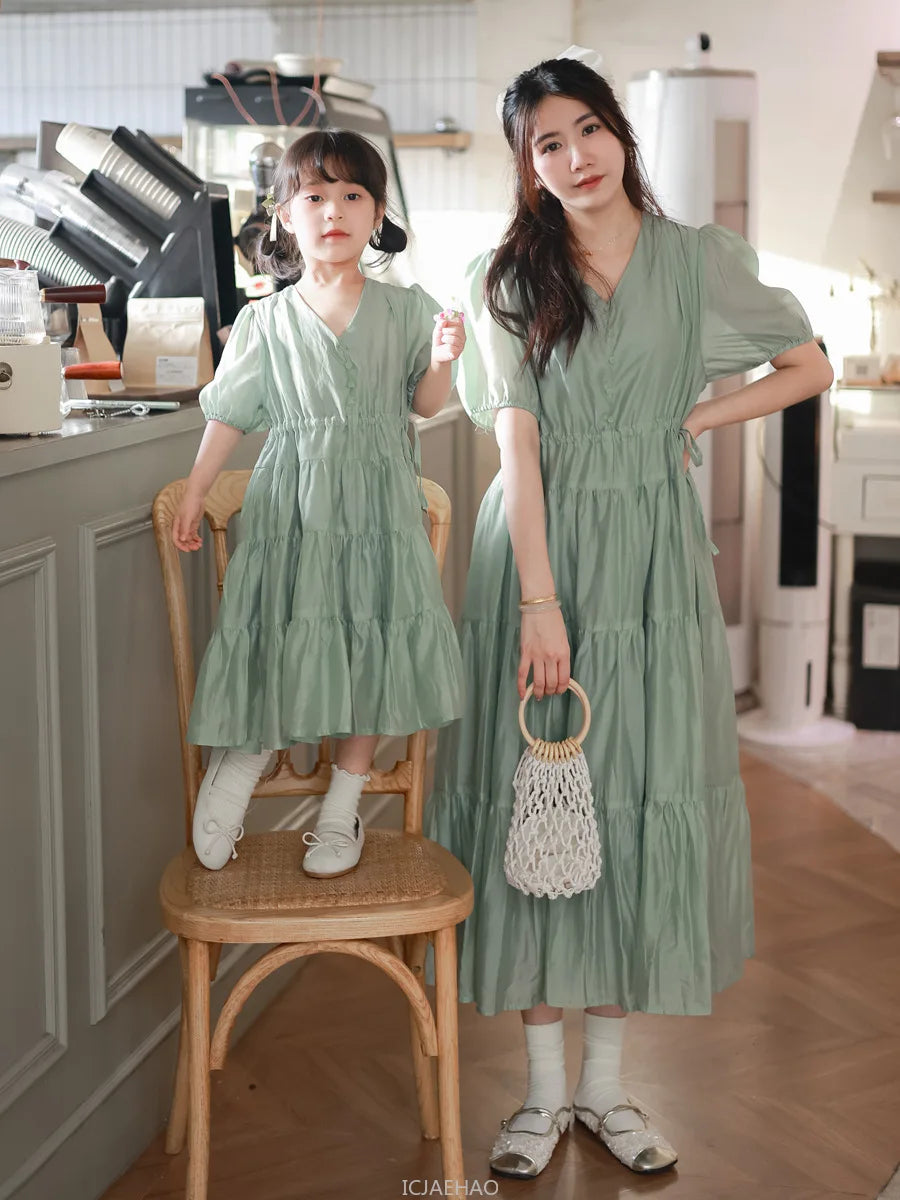 Worlds of Love Elegant Dress — A Graceful Memory in White & Green for Mom & Baby Girl