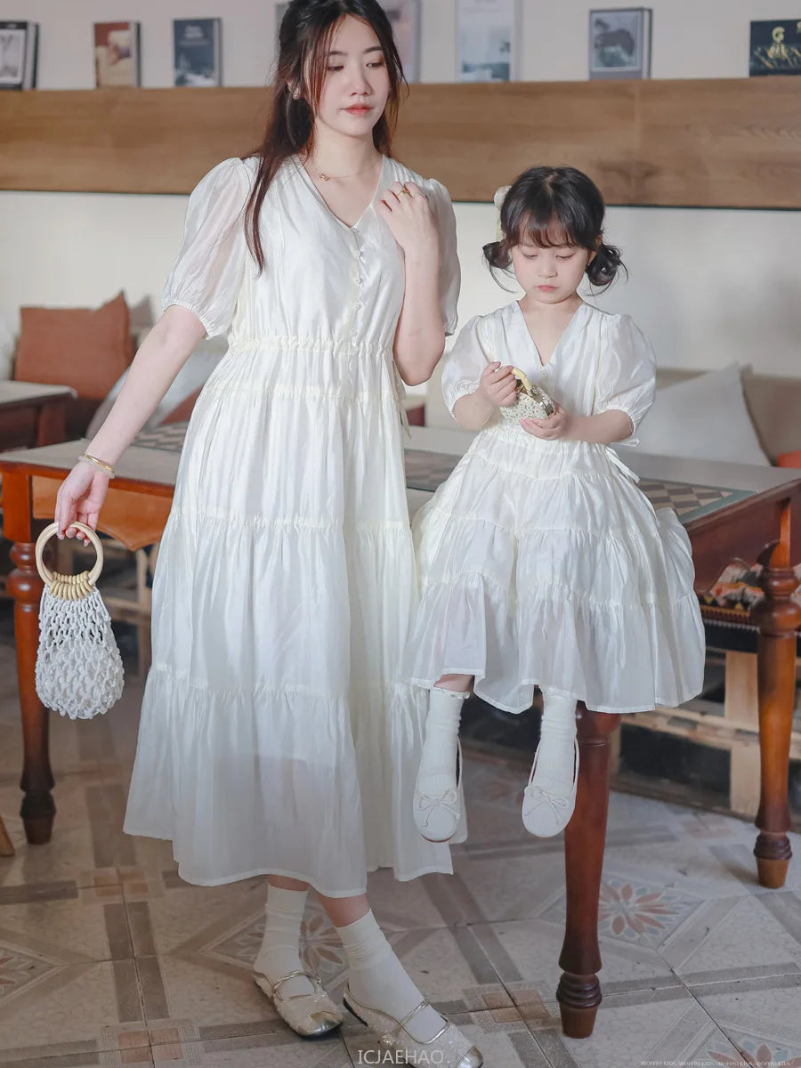 Worlds of Love Elegant Dress — A Graceful Memory in White & Green for Mom & Baby Girl