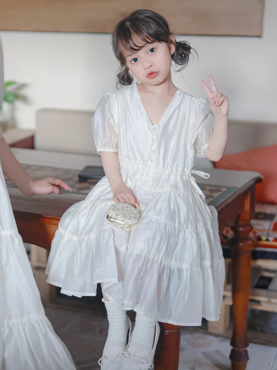 Worlds of Love Elegant Dress — A Graceful Memory in White & Green for Mom & Baby Girl