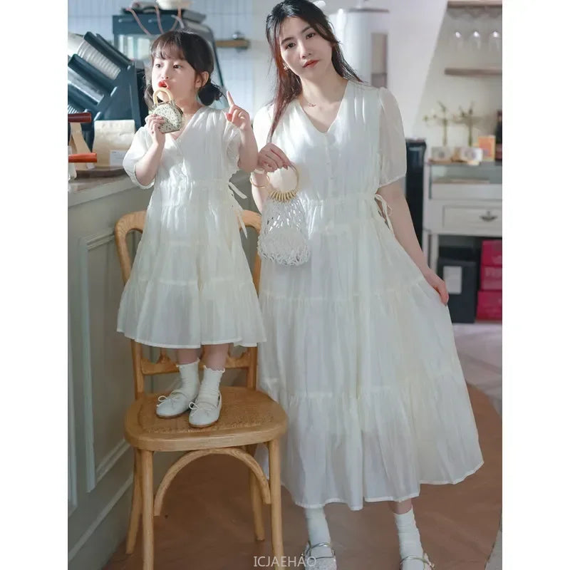 Worlds of Love Elegant Dress — A Graceful Memory in White & Green for Mom & Baby Girl