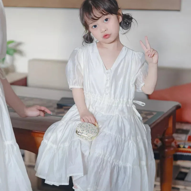 Worlds of Love Elegant Dress — A Graceful Memory in White & Green for Mom & Baby Girl